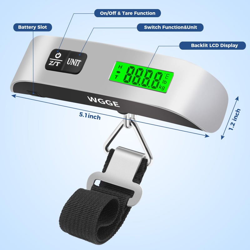 WGGE Digital Luggage Scale, WGGE Travel Luggage Weight Scale, Max 110lbs/50kg Baggage Scale with Backlit LCD Display - Image 2